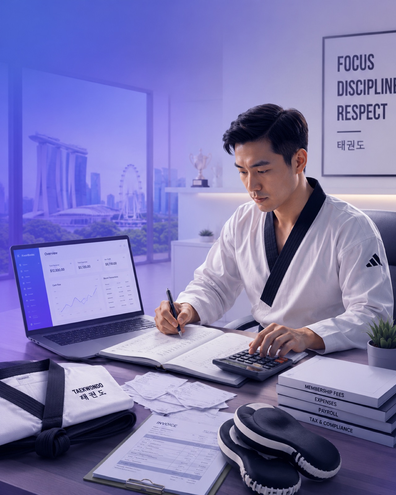 A taekwondo instructor managing school finances with KwanBooks